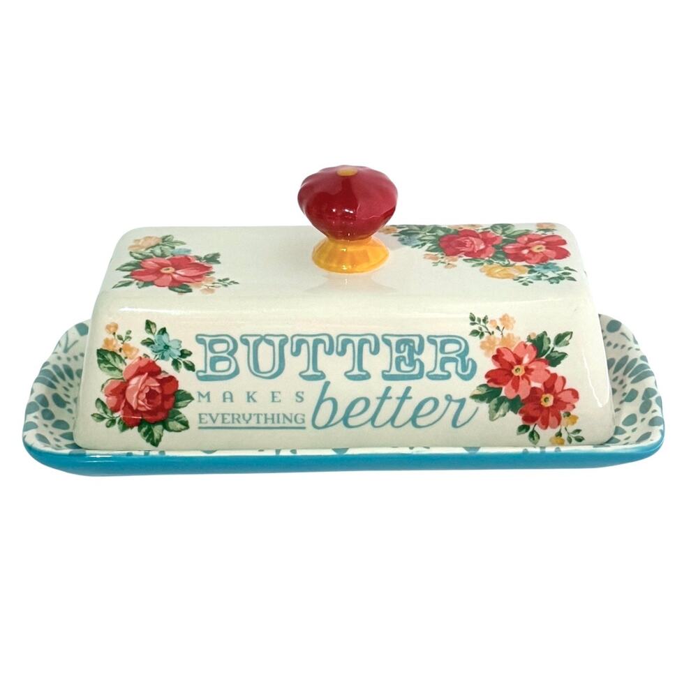 Pioneer Women Butter Dish Vintage Floral Teal Plate Red Knob 8.5" Stoneware